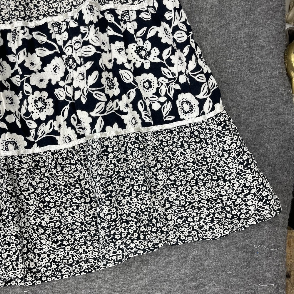 Vintage Cathy Daniels Peasant Skirt Size M Black White Floral Tiered Midi Boho - Picture 2 of 14
